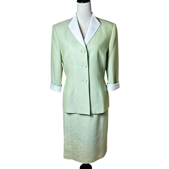 Kasper A.S.L. Mint Green White Skirt Suit | Size 10 | Vintage 90s Career Set - Picture 1 of 8